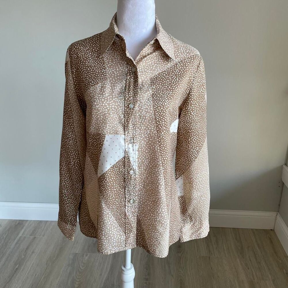 Brown & White Polka Dot Patchwork Blouse Women's Medium Vintage Retro Boho READ